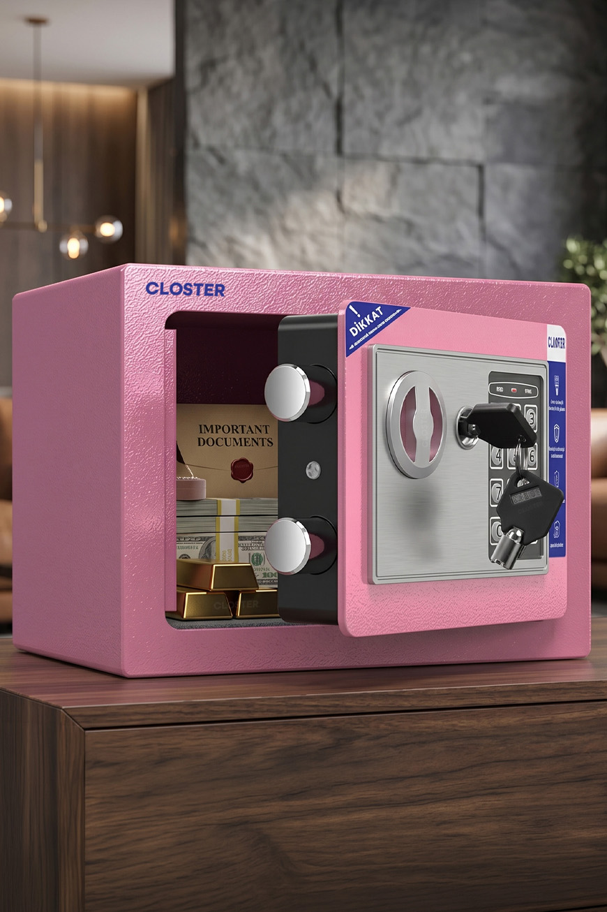 Closter C17PK Ev Tipi Çelik Para Kasası 17x23x17 cm Pembe